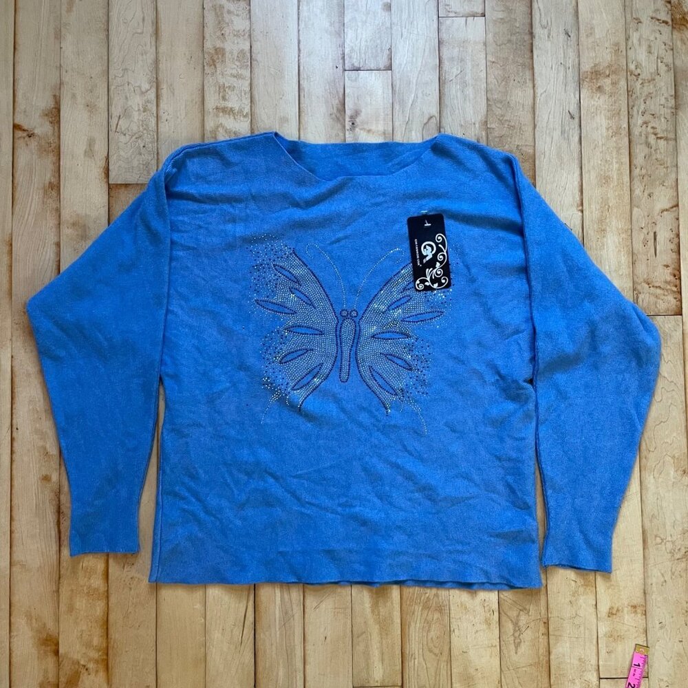 NWT Y2K Rhinestone Butterfly Top Blue Viscose Knit Long Sleeve Coquette Mallcore - Picture 6 of 8